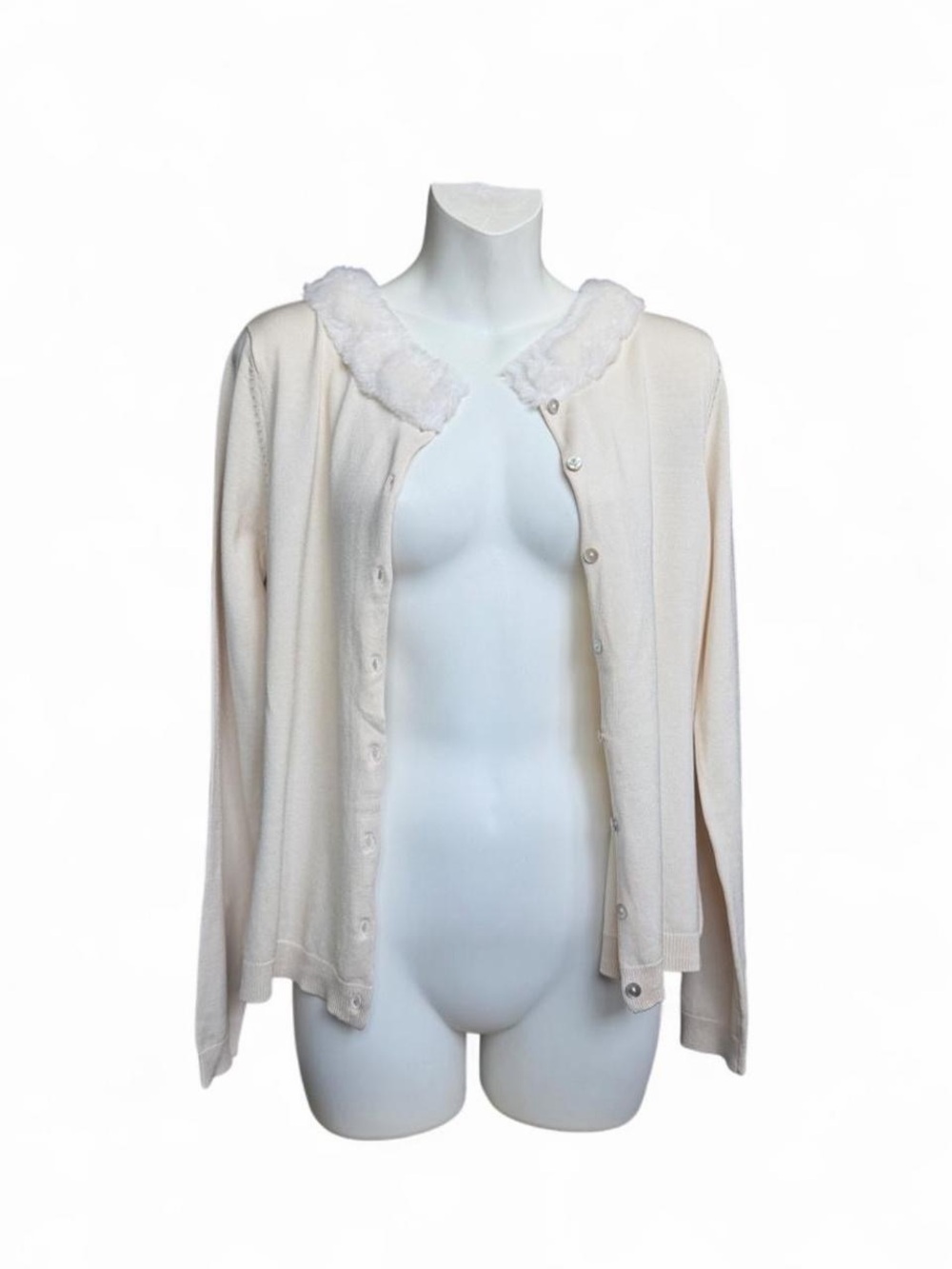 Silx by August Silk Cream Button-Front Cardigan with Faux Fur Collar